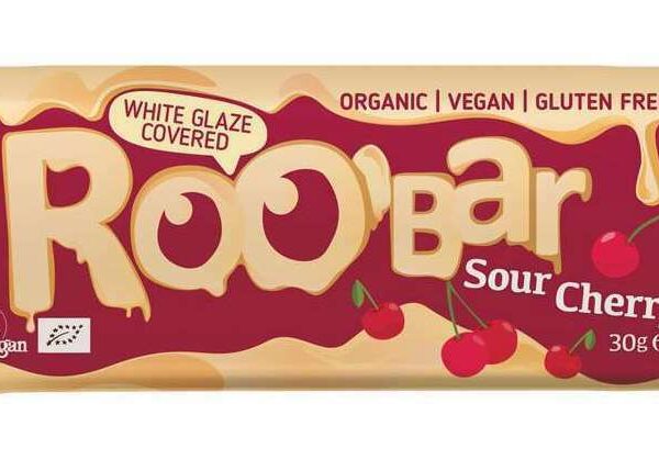 Baton cu visine  invelit in glazura alba bio 30g Roobar