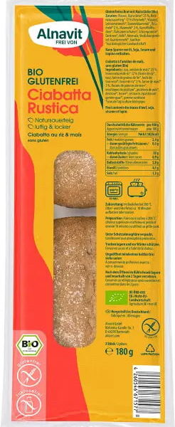 Ciabatta rustica fara gluten, precoapta, bio, 180g, 2 buc. Alnavit