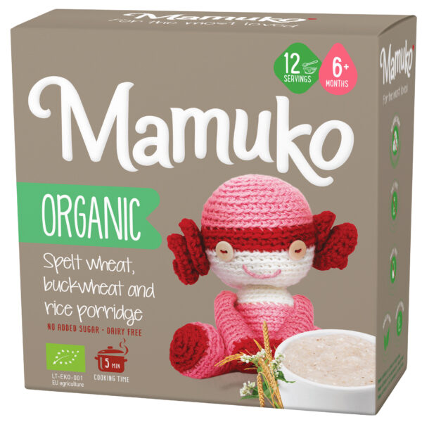 Porridge din 3 cereale, spelta, hrisca si orez bio, 6+ luni, 200g Mamuko