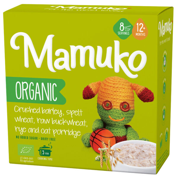 Porridge din 5 cereale orz, spelta, hrisca, secara si fulgi de ovaz bio, 12+ luni, 200g Mamuko