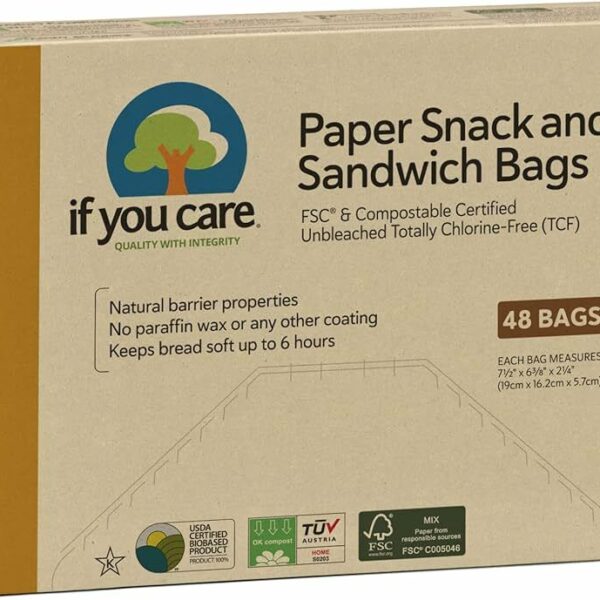 Pungi de hartie nealbita pentru sandwich si snacks, fara clor, compostabile, 48 buc, If You Care