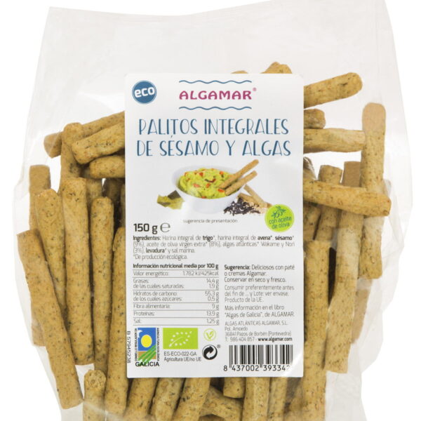 Sticks din grau integral cu susan si alge marine bio 100g Algamar